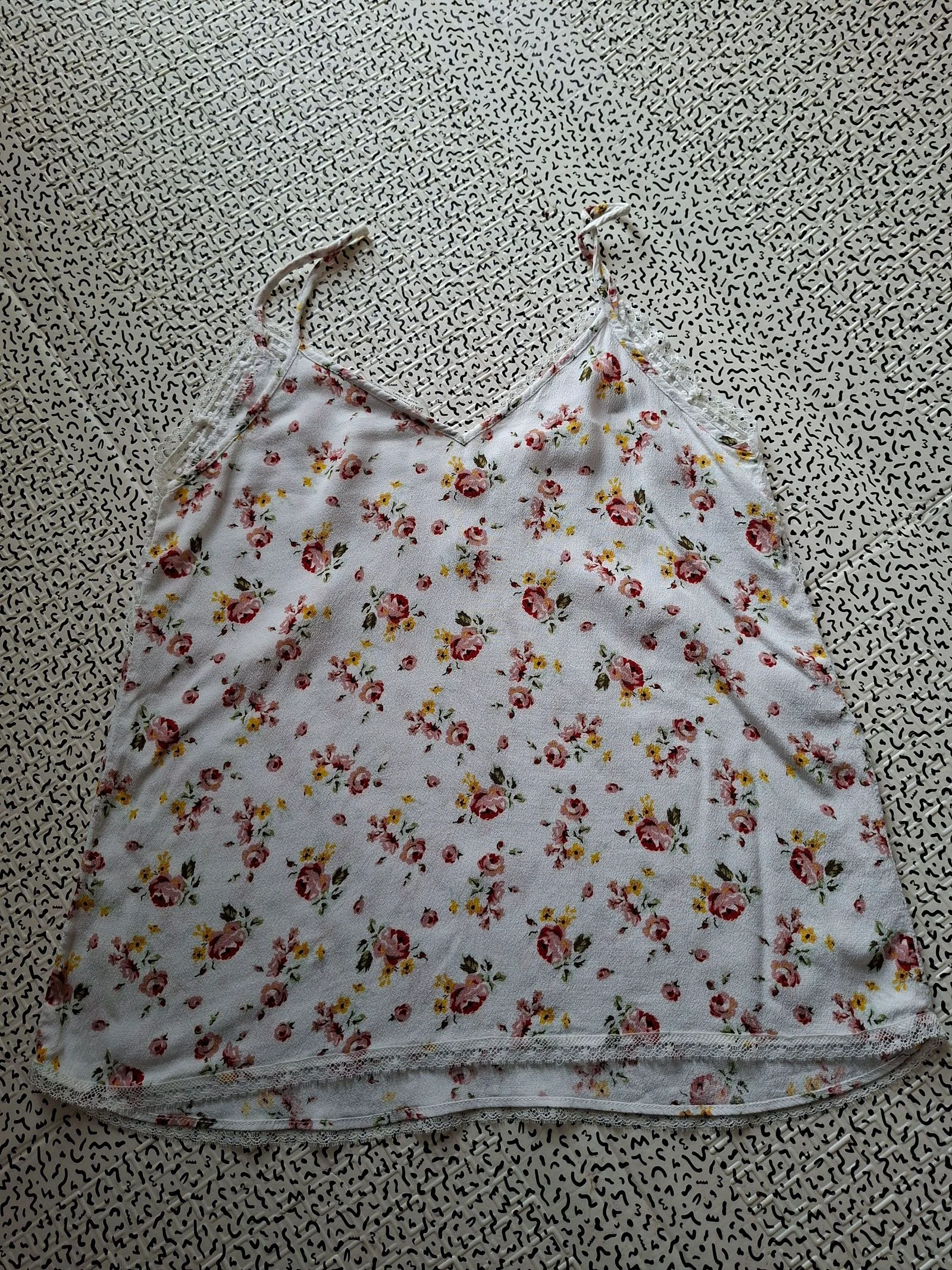 Débardeur caraco Stradivarius XS blanc fleuri dentelle fines bretelles bohème romantique – photo 7